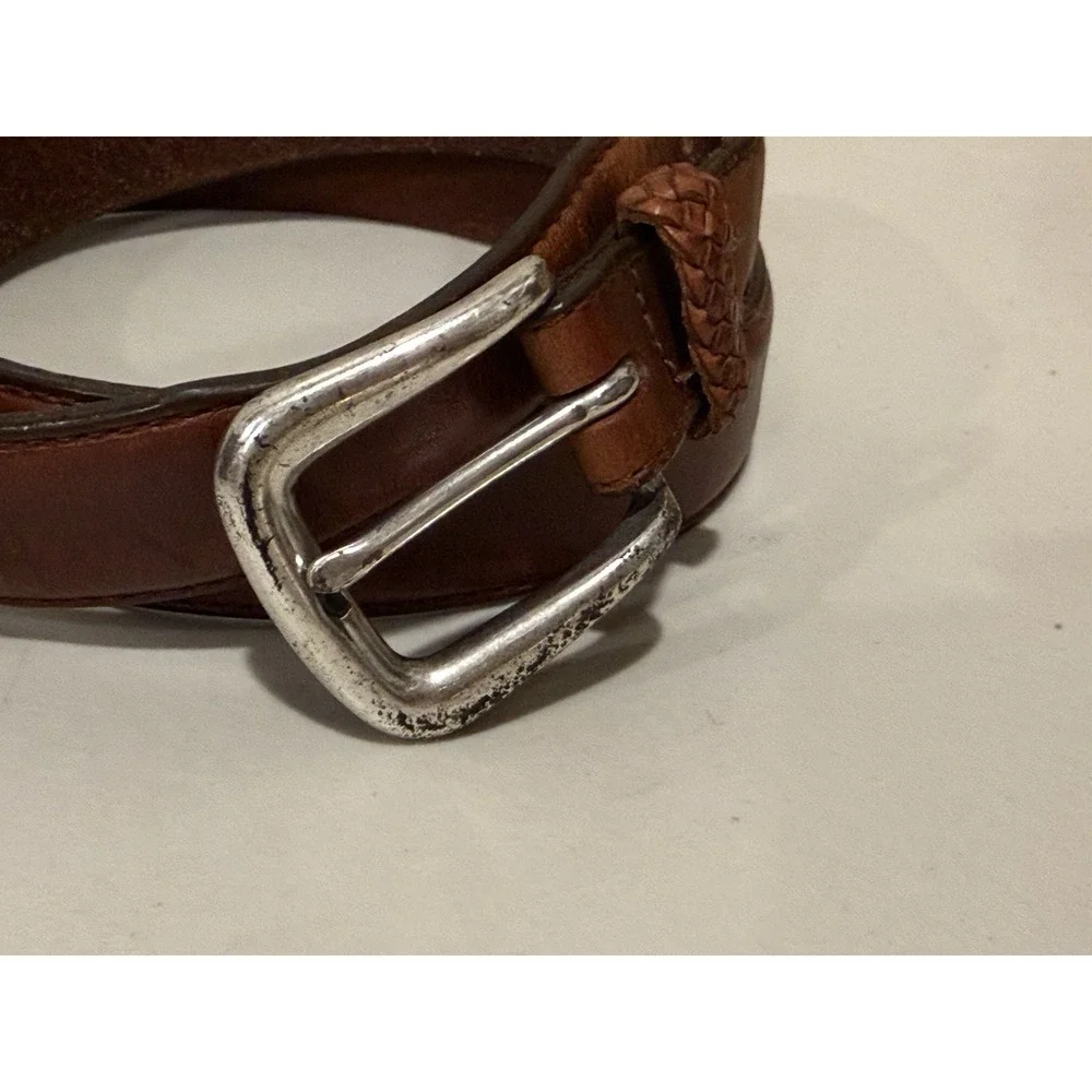 Vintage Men Brown Leather Belt 40 Braided Accent Western Dress Silver Buckle
